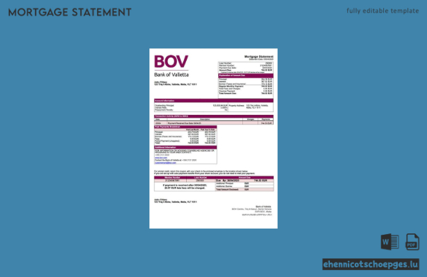 Malta Bank of Valletta Hypothekenabrechnung Word- und PDF-Beispielvorschau